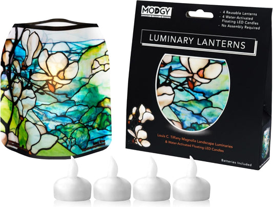 MODGY Luminary Lanterns Candle Holder Decorative Indoor Outdoor Decor, Plastic Candle Lantern Lamps for Wedding Table Centerpiece Porch 4-Pack, with Flameless Floating LED Candles Magnolia
