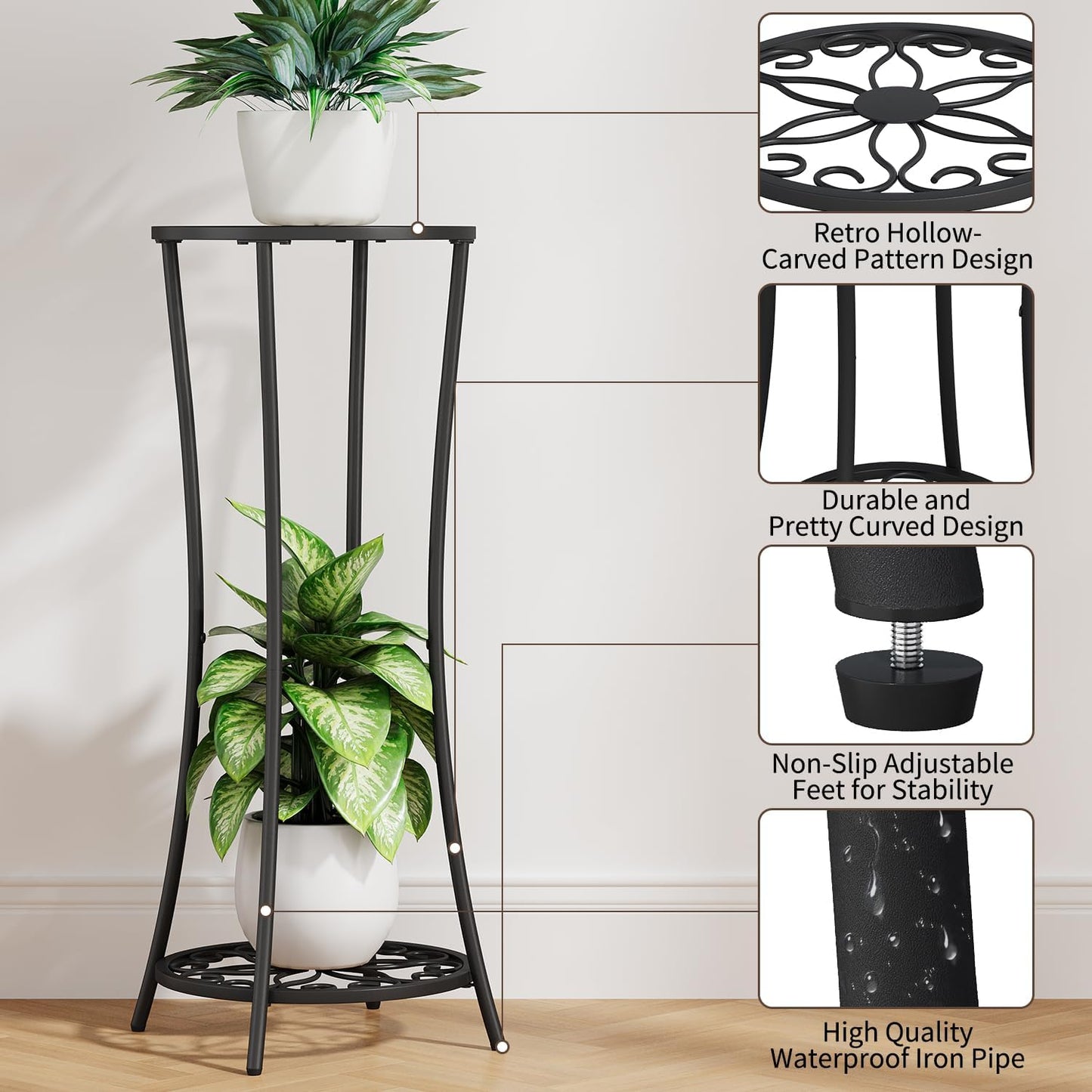 YINMIT Plant Stand Indoor,2 Tier Round Potted Holder Rack,Flower Pot Stand Shelf,Round Supports Rack,Corner Plant Shelf for Balcony Garden Patio Living Room,Brown