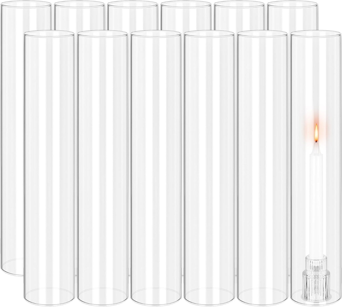 24 PCS Hurricane Candle Holder, 2.5" W x 14" H Open Ended Glass Candle Cylinder Sleeve, Clear Glass Cylinder Candle Holder, Open Flame Candle Chimney Tube Cover, Bottomless Cylindrical Glass