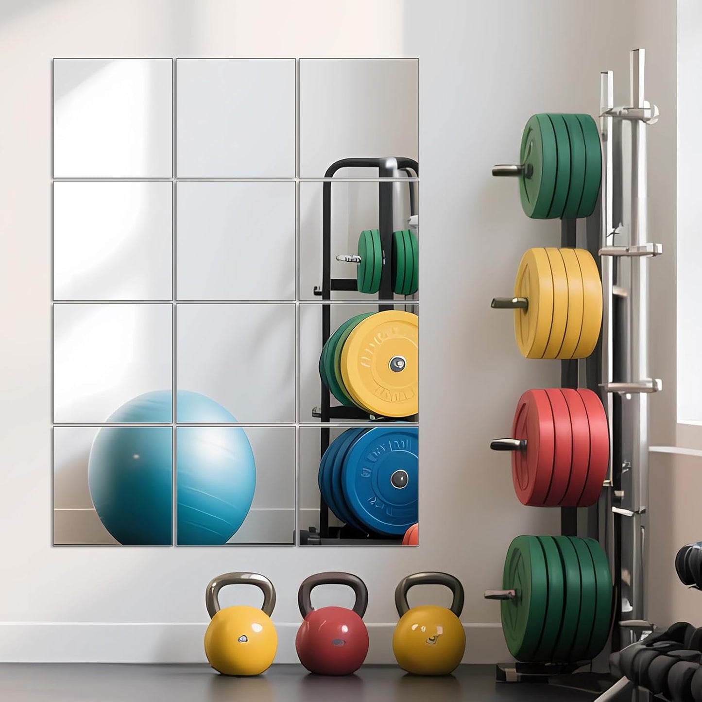 Ruomeng Home Gym Mirrors 12 Inch x 12Pcs Wall Mounted Mirror Glass Frameless Full Length Mirror Tiles for Home Gym, Bedroom, Door & Bathroom