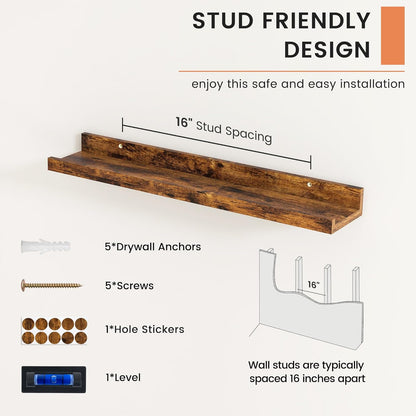 FLYJOE Picture Ledge Shelf, Floating Shelves Set of 2, 48 Inches Long Large Nursery Book Shelves for Toys Storage, Kids Bookshelf Wall Mounted for Living Room Bedroom Decor Books Photo Frames, Walnut