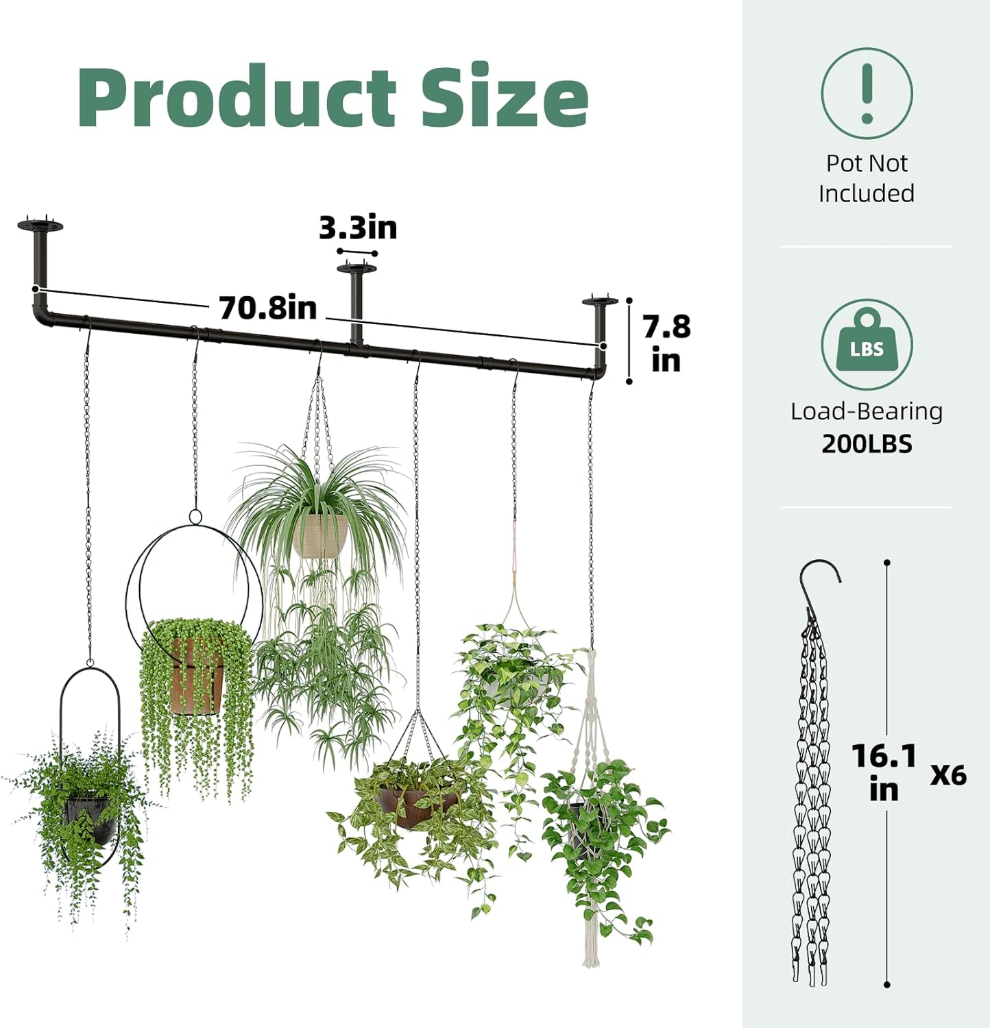 Galood Plant Hanger Indoor with 6 Hanging Chains Hanging Planters for Indoor Plants Hanging Plant Holder Window Plants Rod Black Metal Shelves(70.8 Inch Pot not Included
