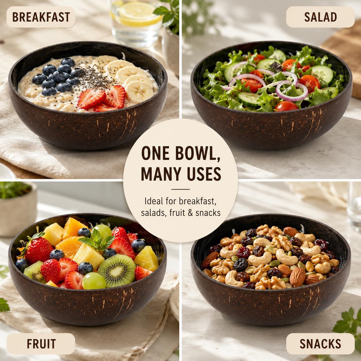 ChezMax Natural Coconut Bowl with Mother of Pearl Inlays - Key Bowl & Fruit Snack Holder (Blue-Gold)
