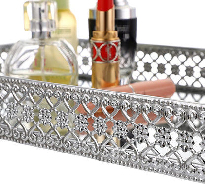 ELLDOO Perfume & Makeup Vanity Tray - Hollow-Carved Jewelry Storage, Glass & Metal Trinket Organizer for Dresser & Bathroom Countertop, Gold, Medium Size