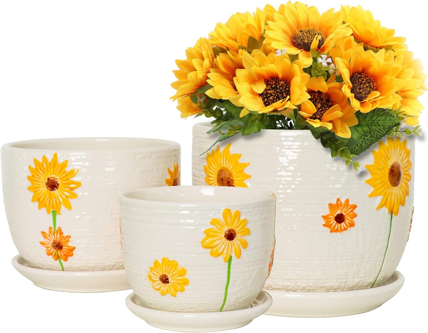 Ton Sin Grey Flower Pots, Texture Planter for Indoor Plants Set of 3 Ceramic Flower Pots with Saucer, Cute Garden Pots Succulent Pots, 6.75/5.6/4.2 Inch, Indoor Outdoor Home Garden Decor