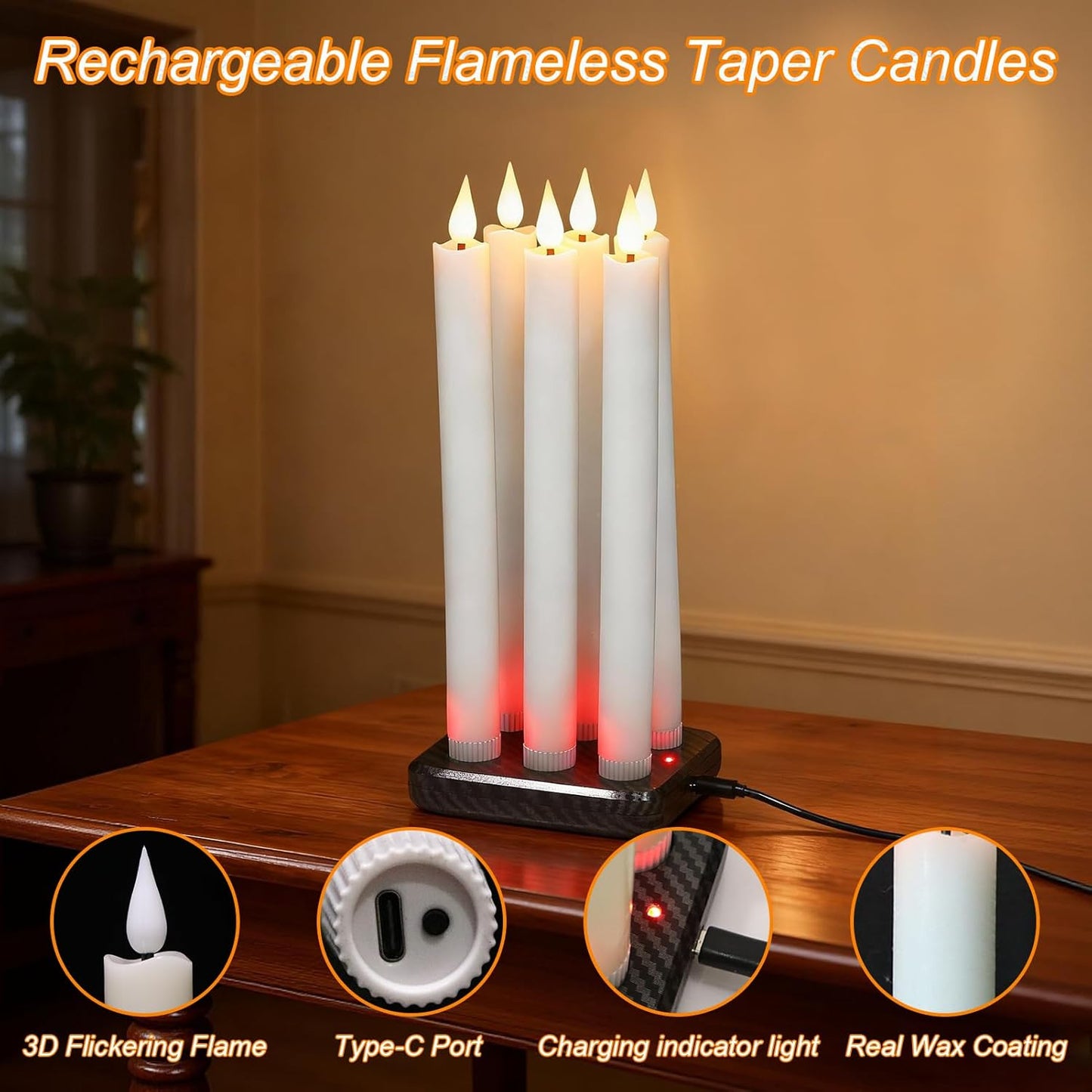 GenSwin Flameless Ivory Taper Candles Flickering with 10-Key Remote, Battery Operated Led Warm 3D Wick Light Window Candles Real Wax Pack of 6, Christmas Home Wedding Decor(0.78 X 9.64 Inch)