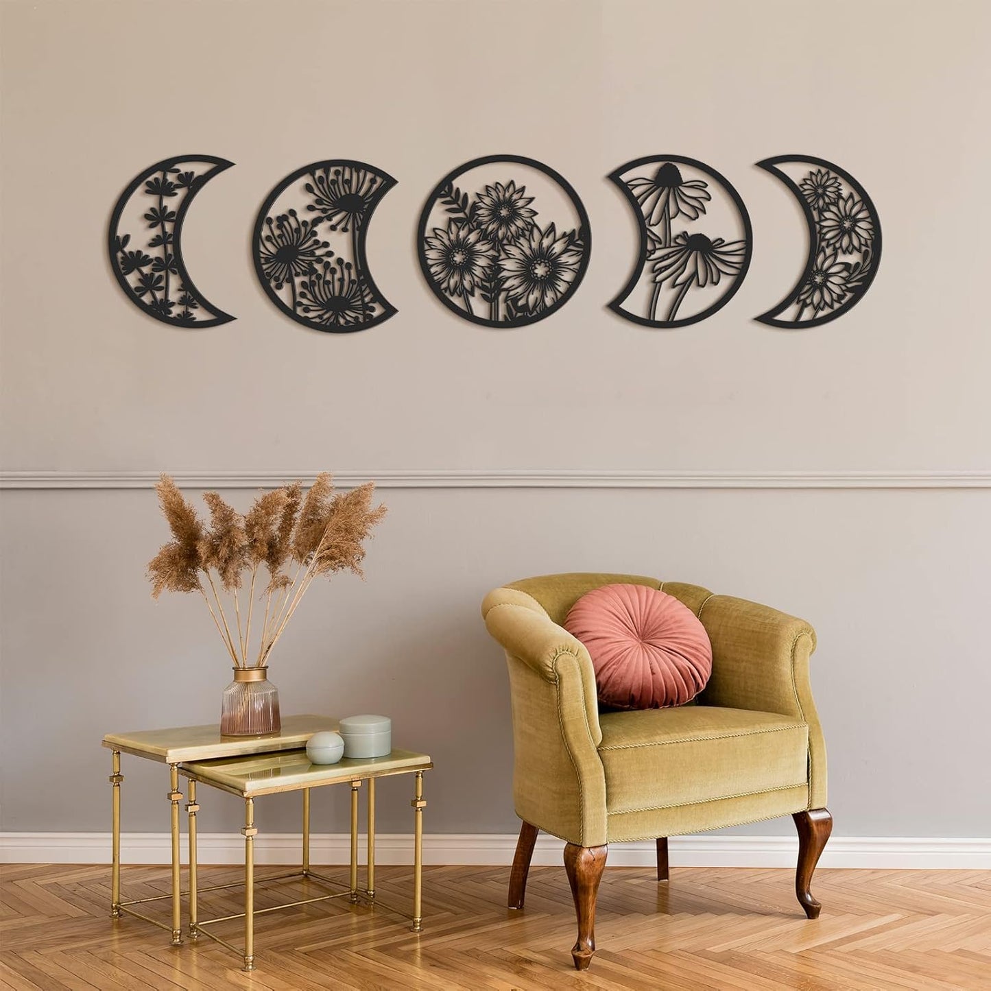Jetec 5 Pcs Moon Phase Wall Art Decor Wall Pediments Hanging Wooden Phase Spiritual Bedroom Nordic Boho Lunar Aesthetic Art for Living Room Dorm Apartment Ornament(Brown,10.6 Inch,Botanical)
