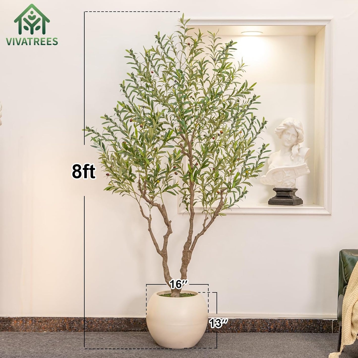 VIVATREES Olive Tree Artificial Indoor, 7FT Tall Faux Olive Tree with 16in Round White Planter, Artificial Plants with Natural Wood Trunk and Lifelike Fruits for Home Office Decor