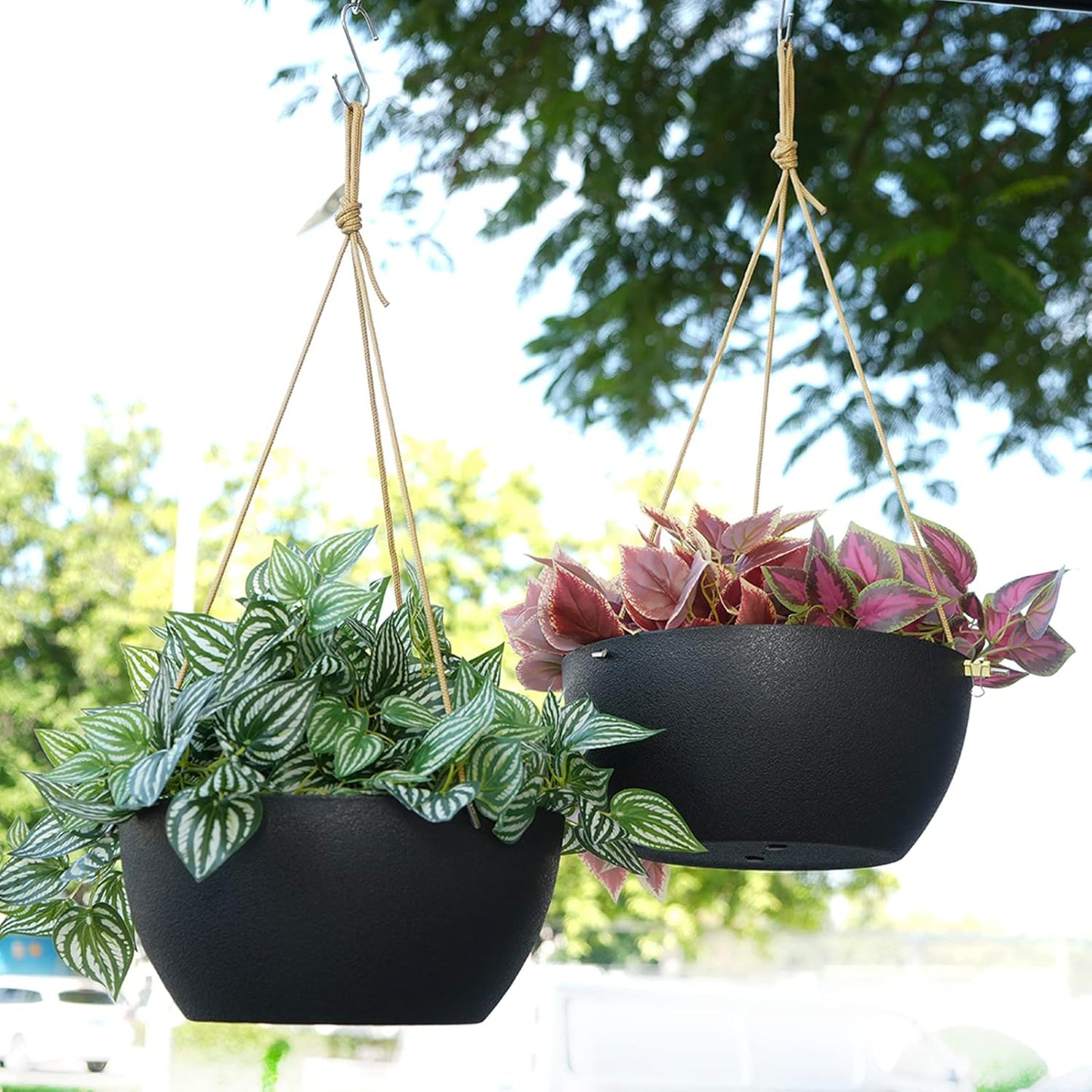 SwinDuck 13 Inch 2 Pack Large Hanging Planters for Indoor Outdoor Plants, Plastic Hanging Basket Pots for House Plants Flowers, White