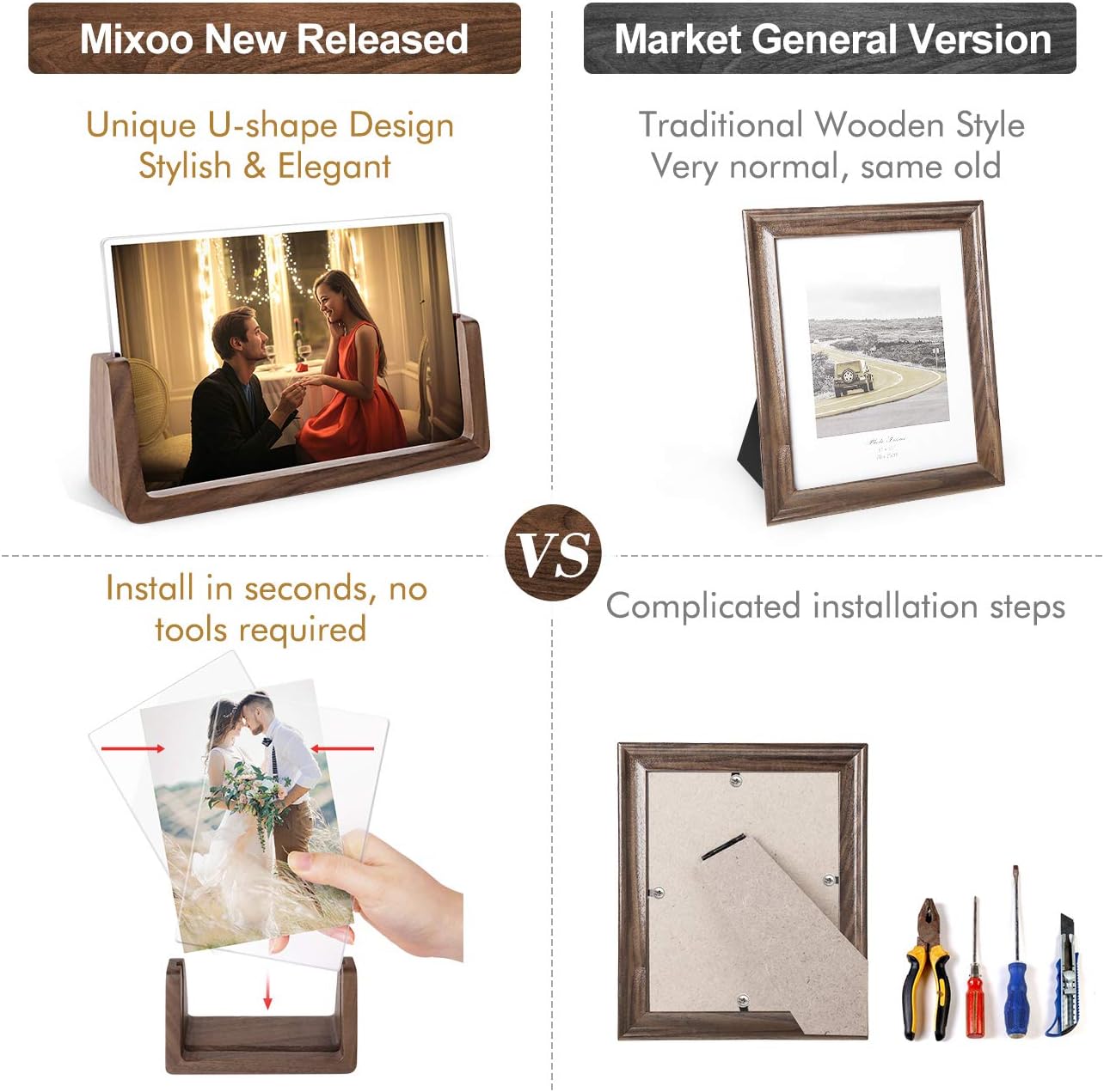 Mixoo 4x6 Picture Frame 2 Pack - Rustic Wooden Picture Frames with Walnut Wood Base and High Definition Break Free Acrylic Photo Covers for Desk Tabletop Display Graduation Gifts Teacher Appreciation Gifts (Horizontal + Vertical)