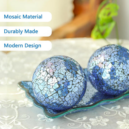 VCUTEKA Decorative Balls and Glass Bowl, 4 Inch Mosaic Sphere Balls Centerpiece Balls for Coffee Table, Home Decor, Wedding Party Decor, Green