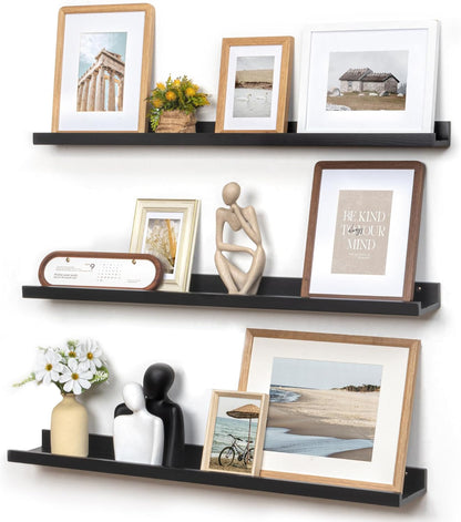 FLYJOE Picture Ledge Shelf, Floating Shelves Set of 2, Solid Pine Wood 55'' Long Large Nursery Book Shelves for Toys Storage, Kids Bookshelf for Living Room Bedroom Decor Books Photo Frames, Walnut