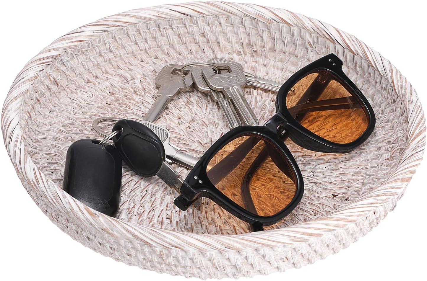 Hipiwe Small Key Basket Bowl for Entryway 7.6" Round Woven Wicker Basket Fruit Serving Tray Woven Basket Wall Decor Rattan Organizer Basket for Keys, Wallet,Whitewash