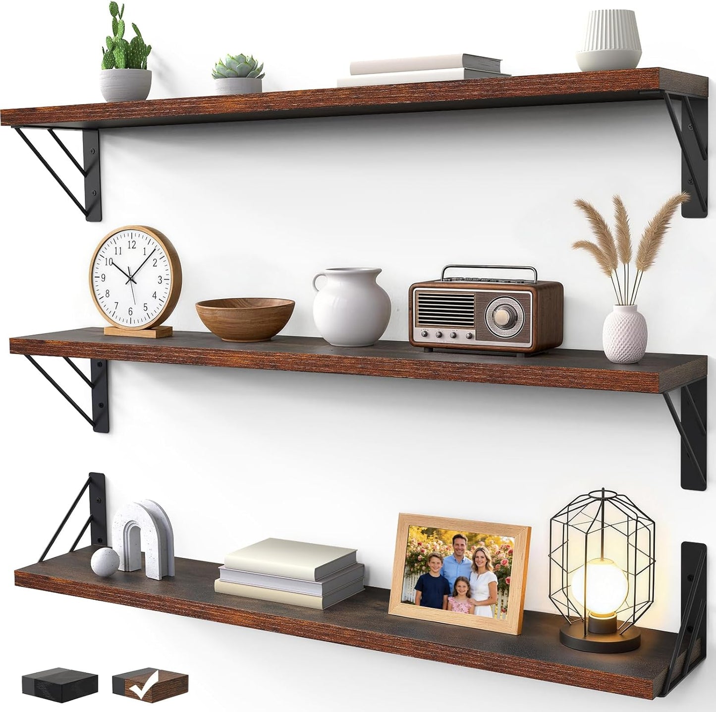 BAYKA Wall Mounted Floating Shelves, Wood Floating Wall Shelf for Books & Decor, Small Space-Saving Display & Organizer（Black，Set of 3）