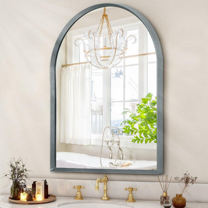 Black Arched Mirror, Modern Bathroom Wall Mirror Aluminum Alloy Framed Mirror Brushed Metal Vanity Wall Mounted Mirror for Livingroom Bedroom Entryway Room 16"x12"