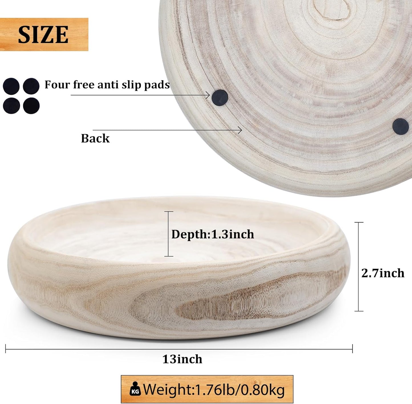 Wooden Decorative Bowls, 11.2 Inch Premium Round Serving Bowl with Rope Handles for Home Decor, Round Paulownia Wood Centerpiece Bowl for Coffee Table(Natural)