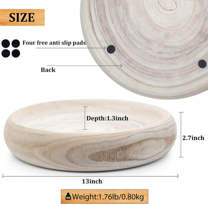 Wooden Decorative Bowls, 11.2 Inch Premium Round Serving Bowl with Rope Handles for Home Decor, Round Paulownia Wood Centerpiece Bowl for Coffee Table(Natural)