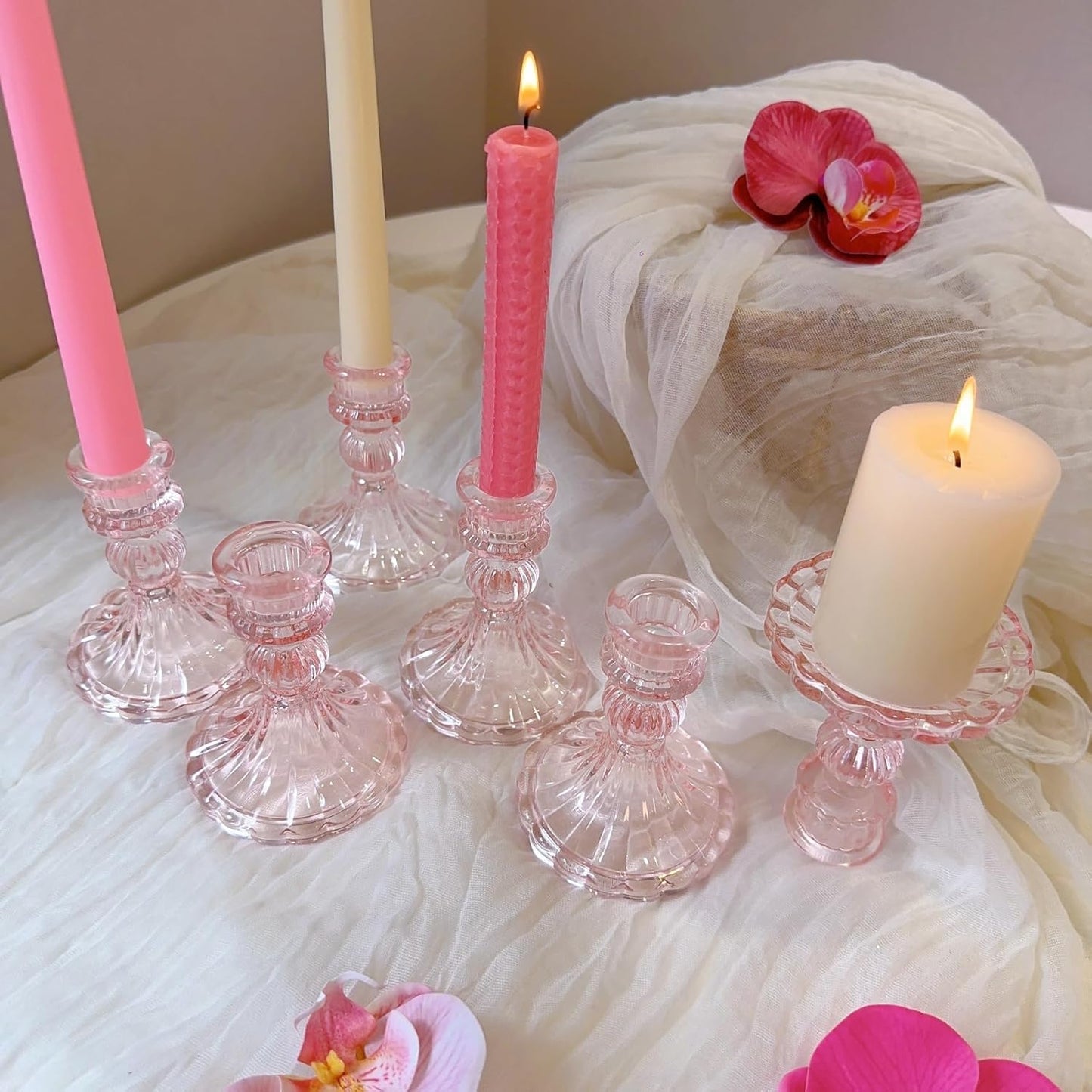 Glass Candlestick Holder,Striped Taper Candle Holders,Set of 6 Candle Stand for Table Centerpieces, Home Decor,Weddings,Festival and Parties (Clear Stripe Pattern)