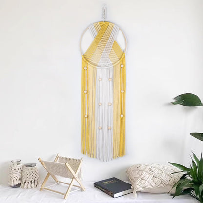 LB Boho Macrame Wall Hanging - Green and Beige Handmade Cotton Woven Decor, Modern Geometric Bohemian Tapestry Wall Decor for Bedroom Living Room Home (31.5"x9.84") Nature-Inspired Room Decor