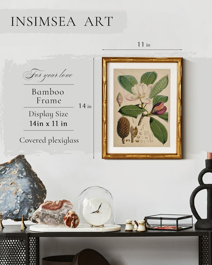 InSimSea Gold Bamboo Framed Canvas Wall Art, Retro Blue Hydrangea Botanical Prints, Antique Flowers Picture Frame with Mat, Victorian Home Wall Decor for Kitchen Living Room Bedroom, 11x14inch