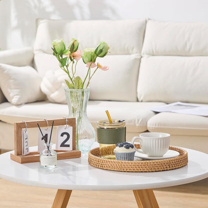 Round Rattan Tray with Mother of Pearl Inlay, Rattan Serving Tray with Wooden Base, Decorative Wicker Basket for Table Decor, Storage and Display of Coffee Bread Food Fruit (Leaf)