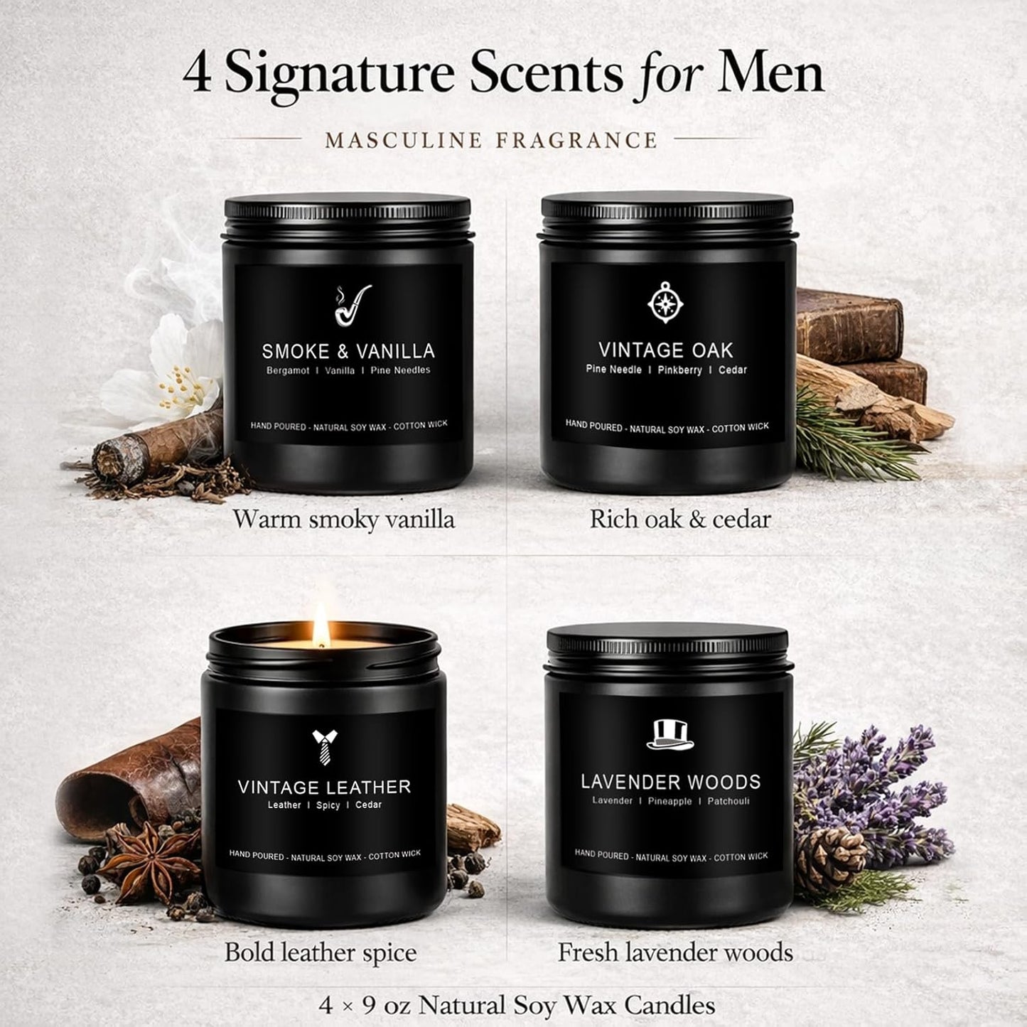Candles for Men Gift Set, 4 Pack Masculine Scented Soy Candles for Men, Leather, Smoke, Oak & Lavender Scents, Aromatherapy Candle Gift Set for Dad, Husband, Boyfriend, Birthday & Father’s Day Gifts