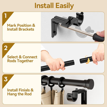 YaFex Curtain Rods 2 Pack 32-144 Inch, Heavy Duty 1 Inch Curtain Rod, Black Extra Long Adjustable Window Treatment Rods, Modern Design, Easy Installation