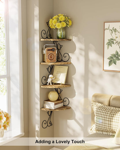 Alsonerbay Corner Shelf Wall Mount, 4 Tier Floating Shelves for Wall, Easy-to-Assemble Wall Shelves Rustic Wood Decor for Bedroom Living Room Bathroom Kitchen Office, Walnut Finish