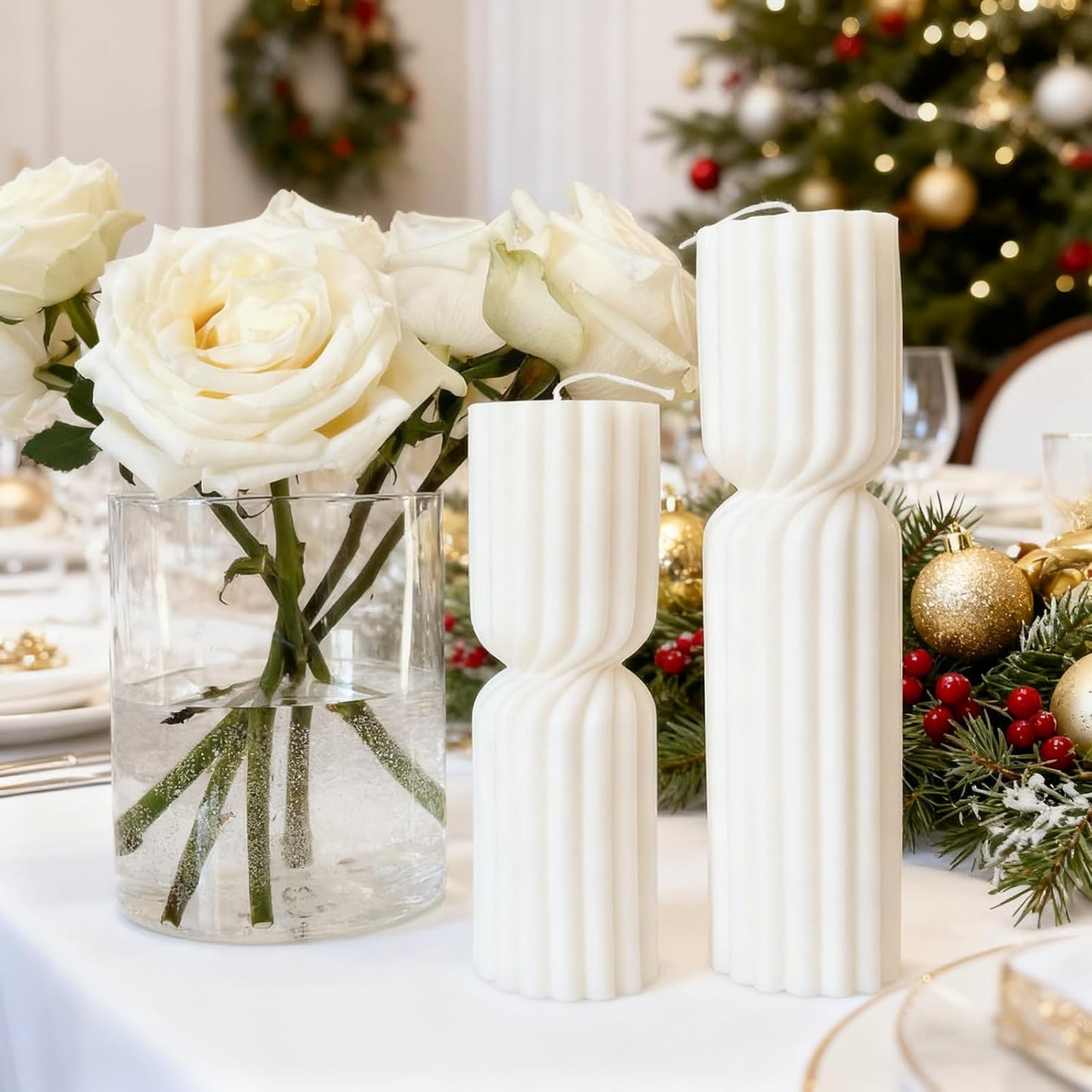 2PCS Hourglass Pillar Candles Set,Soy Wax Orchids Scented Pillar Candles,Cylindrical Tall Pillar Candle,Elegant Bubble Aesthetic Candle Housewarming Gift Home Room Shelf Decor Idea(White)