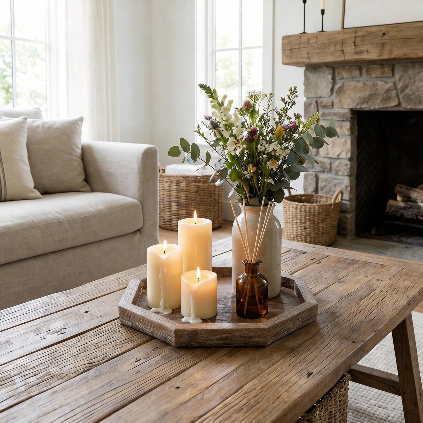 Round Decorative Tray for Coffee Dining Table Countertop Small Wooden Serving Trays Farmhouse Kitchen Home Living Room Decor and Bathroom Accessories Tray Black Rustic Wood Candle Centerpiece Trays
