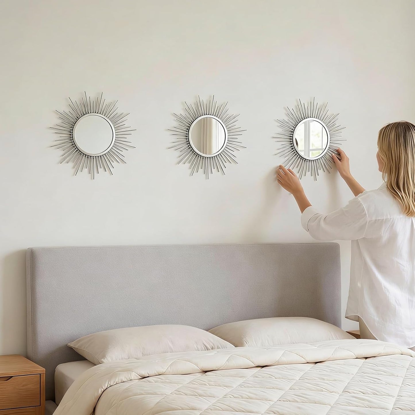 Boho Sunburst Wall Mirror Set of 3, 12 Inch Round Antique & Modern Metal Wall Art, Hanging Over The Door Mirrors for Wall Decor in Living Room, Bedroom, Bathroom, Entryway（Gold）