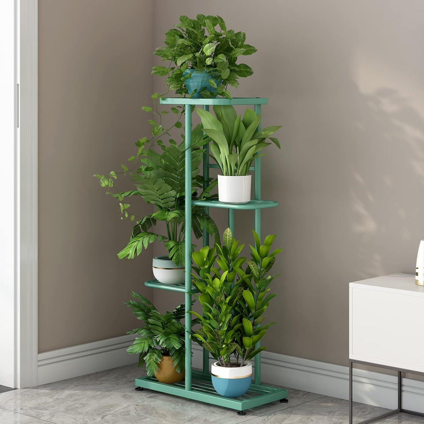 LINZINAR Plant Stand Indoor Outdoor Corner 4 Tier Metal Plant Shelf Patio Plant Rack for Garden Corner Balcony Living Room