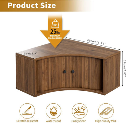 Corner Shelves Wall Cabinet Set of 3, Floating Corner Shelf Organizer with Sliding Doors, Fluted Wall Cabinet for Living Room, Bedroom, Office, Small Space, Walnut (Curved, 15.74“)