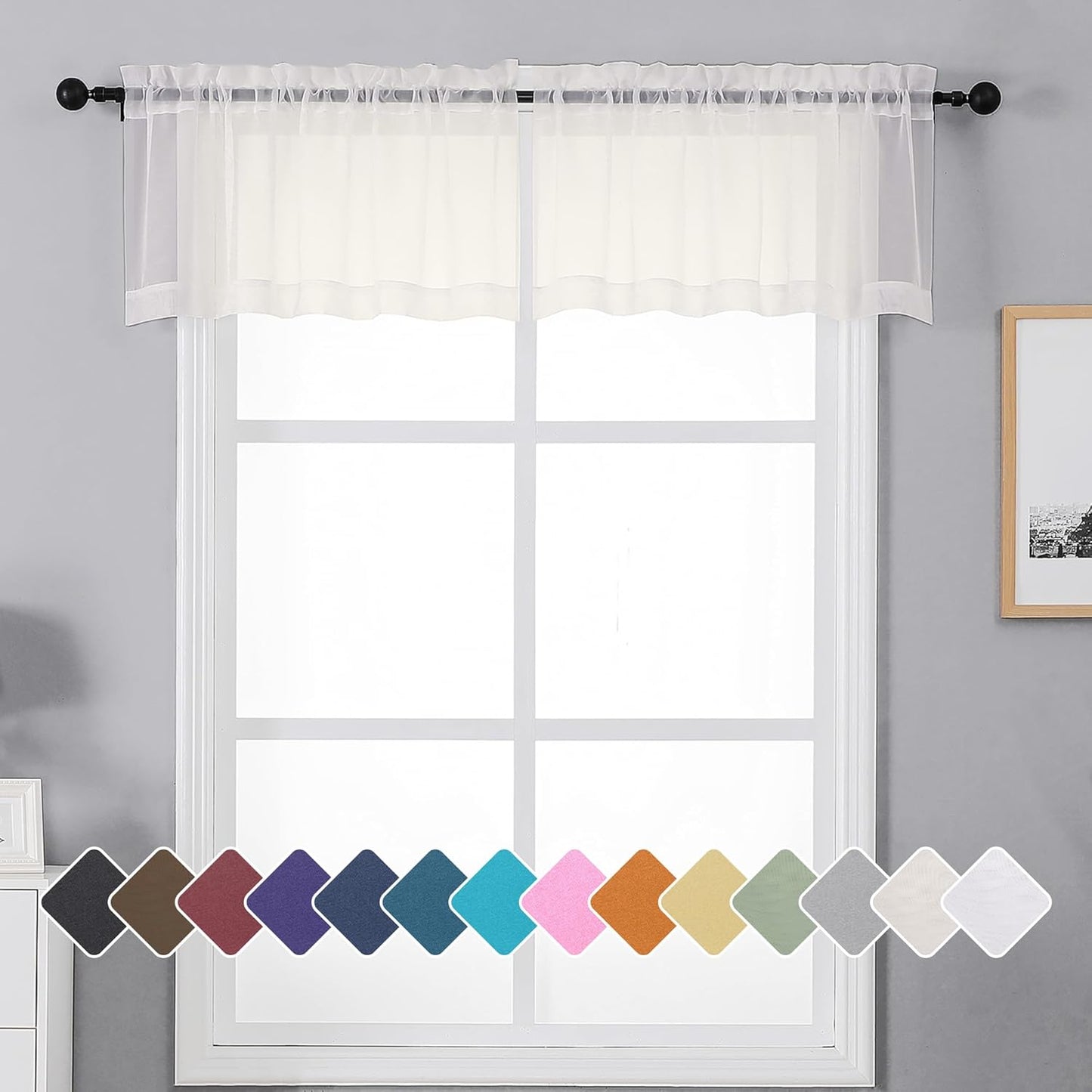 Chyhomenyc Sheer White Valances for Windows 2 Pack, Small Window Curtains for Living Room Bathroom Cafe Laundry Basement, Modern Top Dual Rod Pocket Voile Curtain, 42W x 14L inches, White - Colors C
