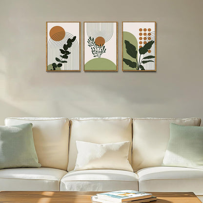 Bwodke Boho Wall Art, Framed Abstract Wall Art, Green Botanical Neutral Canvas Wall Decor, Large Mid Century Plant Pictures Set of 3, Modern Minimalist Paintings, for Bedroom Living Room Bathroom