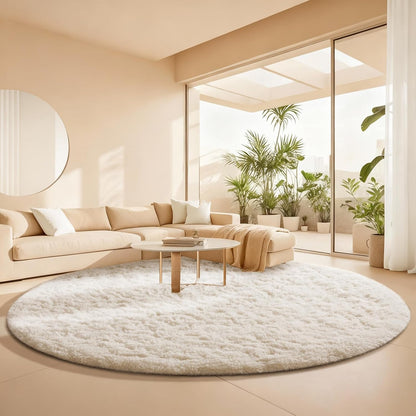 Ophanie Round Rugs 5Ft Ivory Circle Area Rug, Nursery Room Decor, Christmas Aesthetic Bedroom Home Circular Carpet 5 Foot, Fluffy Fuzzy Shag Plush Cream Living Room Rugs for Kids Boys Girls Teen Baby