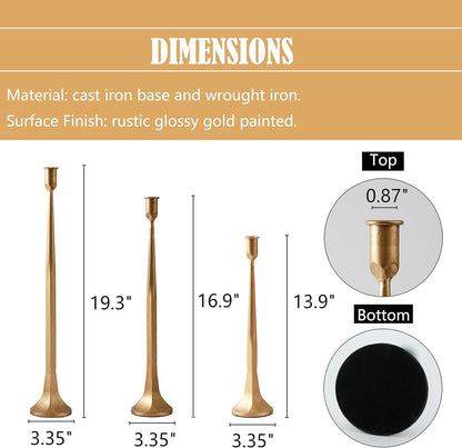 Denique Iron Taper Candle Holder Set of 3, Gold Candlestick Holders Decorative Candle Stand, Tapered Candle Holders Tall Set for Wedding, Dining Table, Home Decoration (Gold)