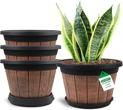 Quarut 4 Pack 10 inch Plant Pots,Upgrade Whiskey Barrel Planters with Drainage Holes & Saucer,Plastic Decoration Flower Pots Retro Design,Planters for Outdoor Indoor Garden Home Plants (Brown)
