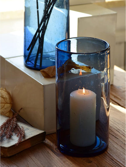 Hurricane Candle Holders for Pillar Hand Blown Glass Cylinder Vases Table Centerpiece Bulk Room Decor Clear Seeded Bubbles Living Dining Kitchen Island 10" 7" 4" Set of 3