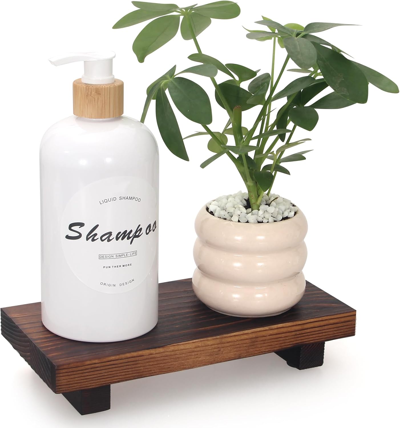 Black Bathroom Vanity Organizer Tray for Countertop Small Wooden Pedestal Stand Farmhouse Kitchen Sink Tray Decorative Hand Soap Dish Dispenser Holder Wood Risers Modern Bathroom Decor Accessories
