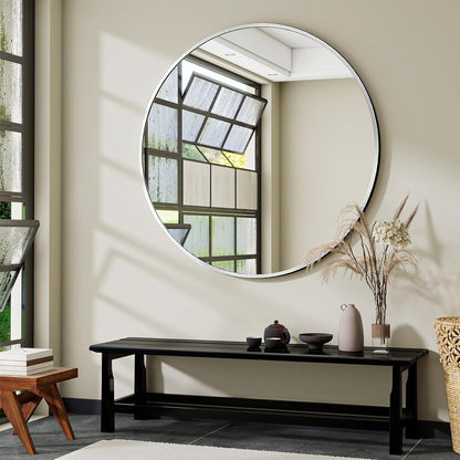 VooBang Large Black Round Bathroom Mirror, 48 inch Circle Wall Mounted Hanging Mirror with Simple Modern Circular Metal Frame for Hallway, Entryway, Living Room, Black Frame