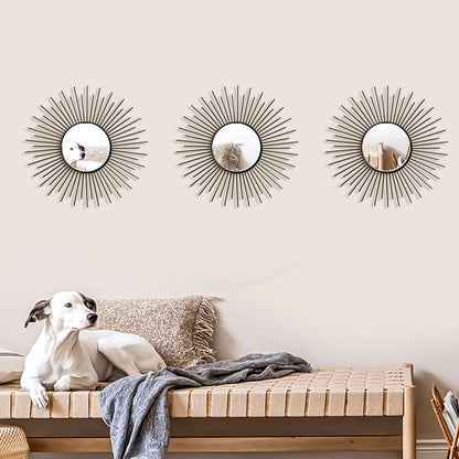 3 Pack Metal Mirrors for Wall Sunburst Wall Mirrors Home Décor Decorative Hanging Wall Art for Living Room Bedroom Entryway (Gold, Flower+Sunburst)