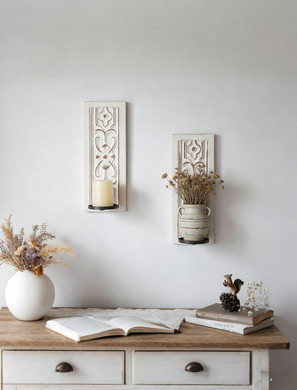 Farmhouse Wood Candle Sconces Wall Decor - Set of 2 Walasis Rustic Wall Candle Holder Decorative Carved Brown Candle Sconce Farmhouse Art Distressed Pillar Candles Holder for Fireplace Decor