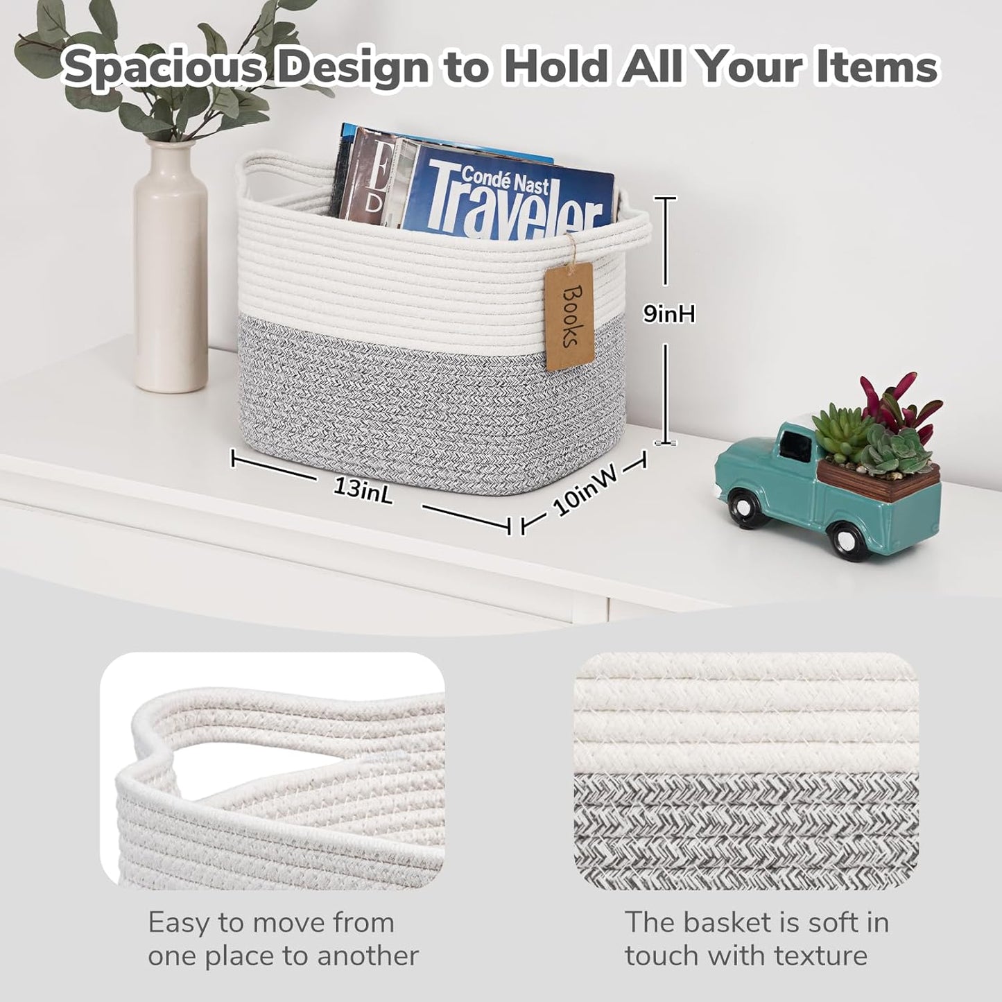 Goodpick Woven Storage Basket, Cotton Rope Basket for Dog Toys, Books, Stylish Gift Basket with Handles, 13 x 10 x 9 Inches Square Baskets for Organizing, Brown and White