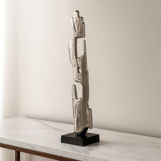 Bedford Wood Post Statuary Decorative Object – Large Aluminum Metal Modern Home Decor Sculpture – Contemporary Shelf & Coffee Table Decor for Office & Living Room – 32", Silver