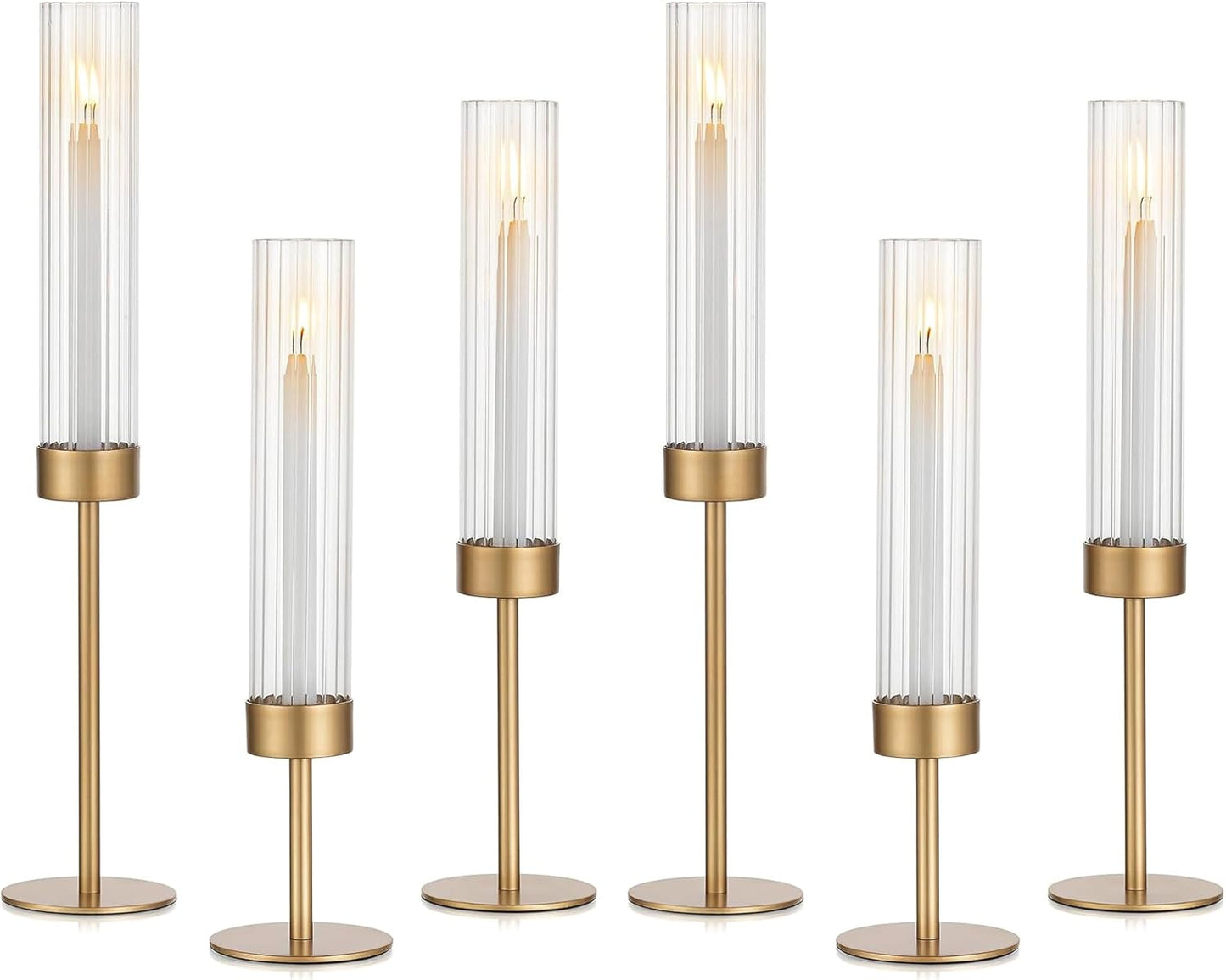 Gold Hurricane Taper Candle Holders: Glasseam 3Pcs Brass Candlestick Holders with Ribbed Glass Cylinder Cover Fluted Tall Candle Sticks Holder Decor for Table Centerpiece Wedding Christmas Decorations