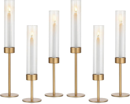 Gold Hurricane Taper Candle Holders: Glasseam 3Pcs Brass Candlestick Holders with Ribbed Glass Cylinder Cover Fluted Tall Candle Sticks Holder Decor for Table Centerpiece Wedding Christmas Decorations