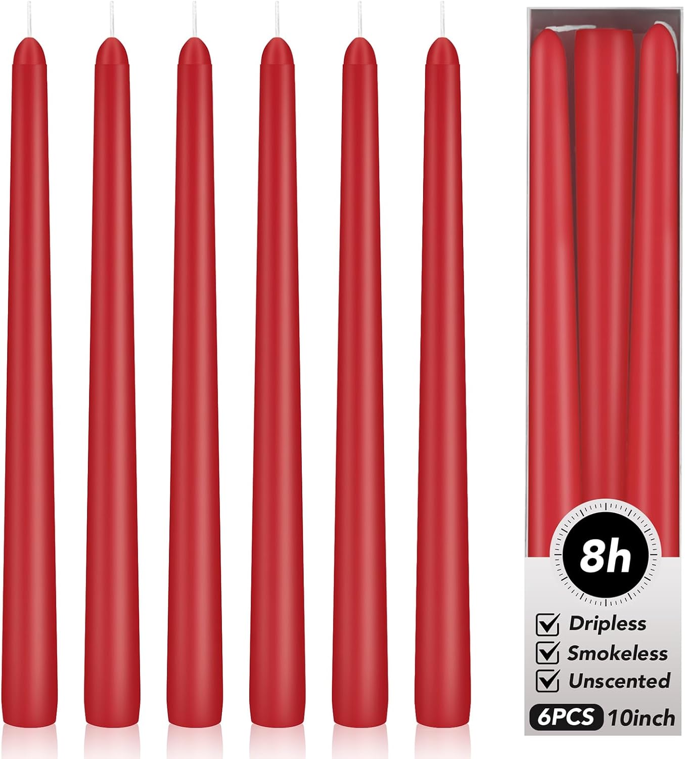 KORCCI Ivory Taper Candles 10 Inch - Set of 6 Long Candles, 8 Hours Long Burning, Smokeless & Unscented & Dripless, for Christmas Holiday Décor, Weddings, Birthdays, Dinner, Rituals (Ivory)