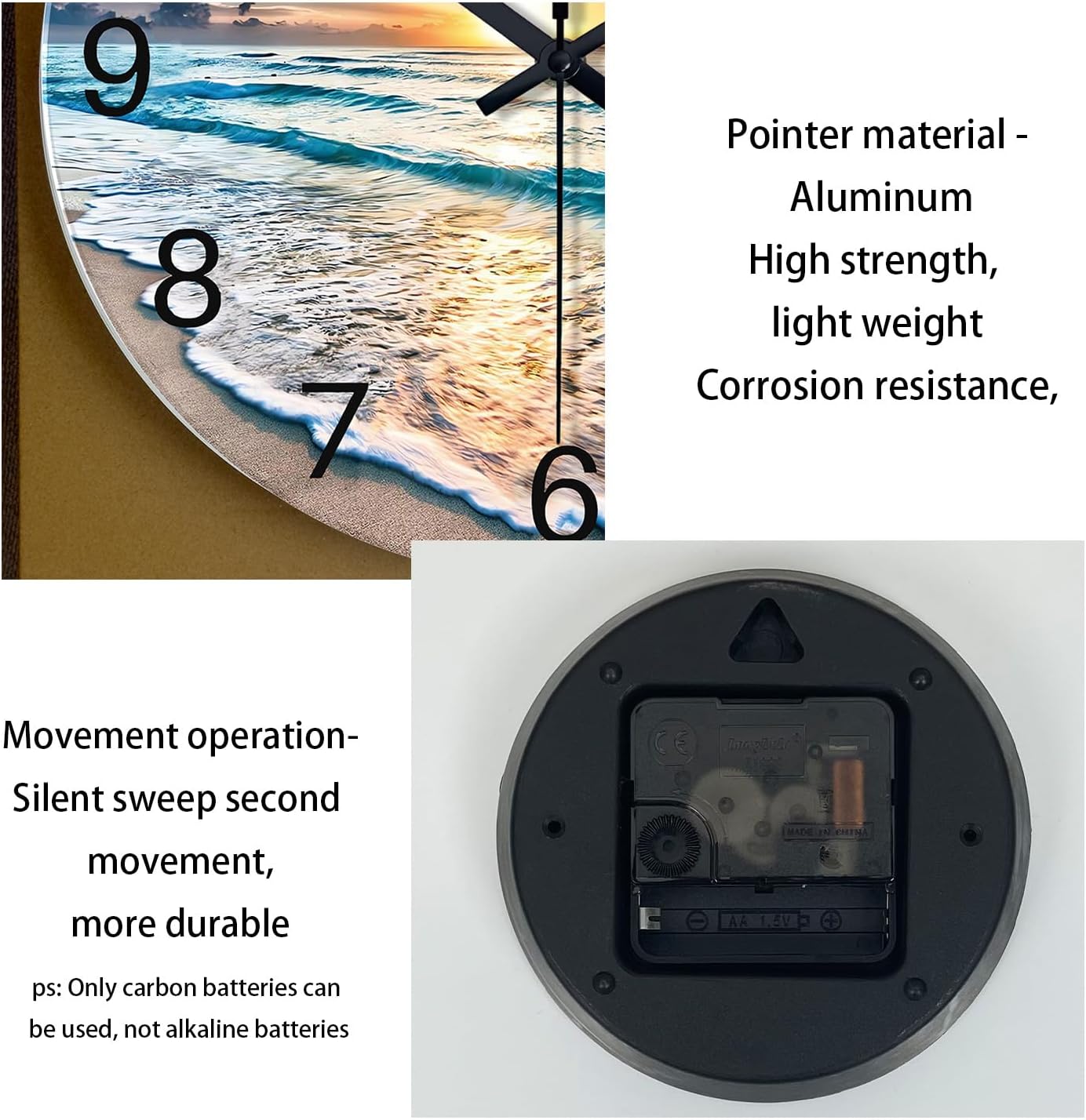 Beach Wall Clock Battery Operated 12 Inch Glass Wall Clock Non Ticking Analog Blue Wall Clocks for Bedroom Living Room Office Decor
