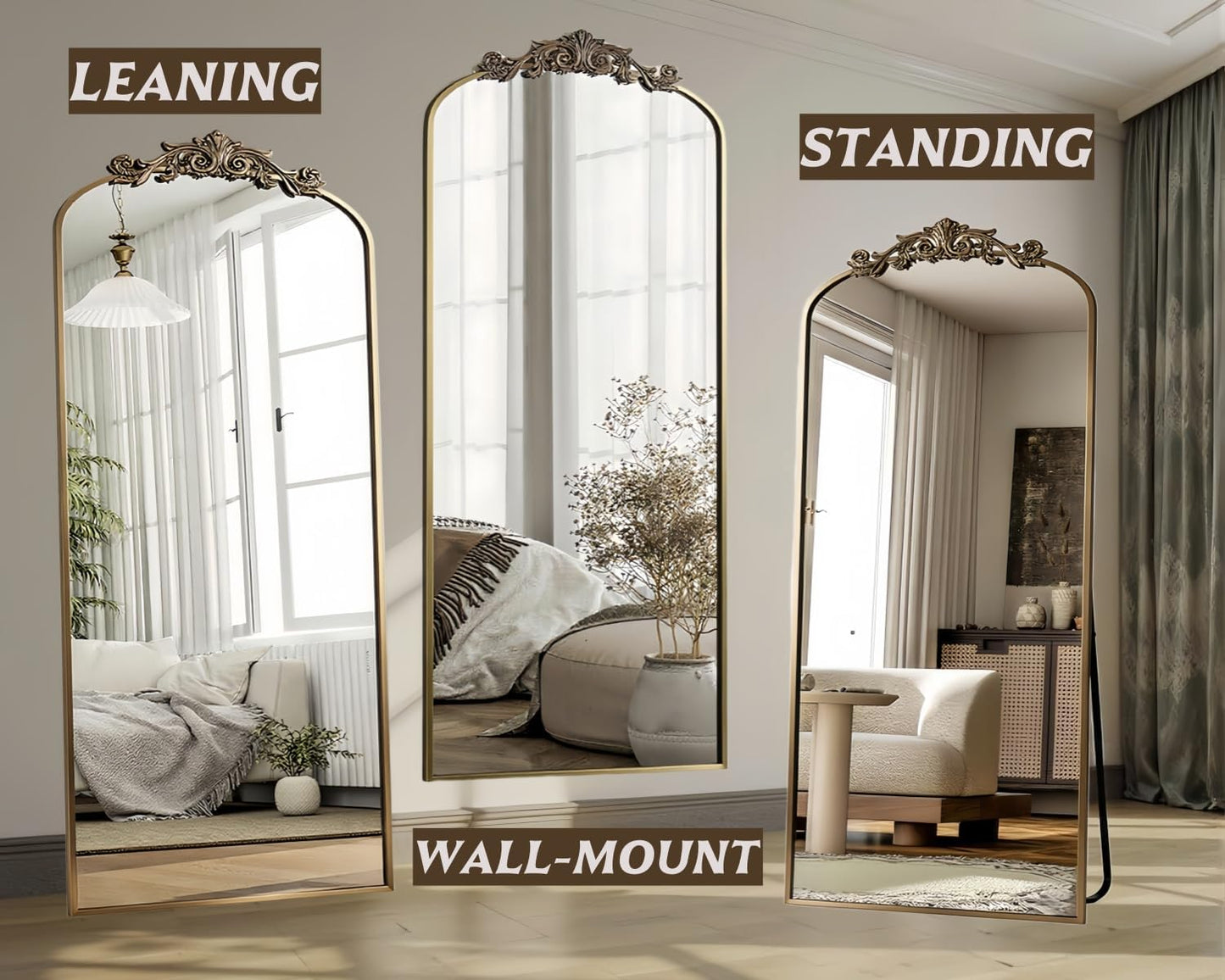Dewfig Arched Full Length Mirror, 76"x34" Large Floor Mirror, Full Body Mirrors for Leaning or Hanging, Standing Mirrors for Bedroom, Living Room,Dressing Room, Aluminum Alloy Frame, Black